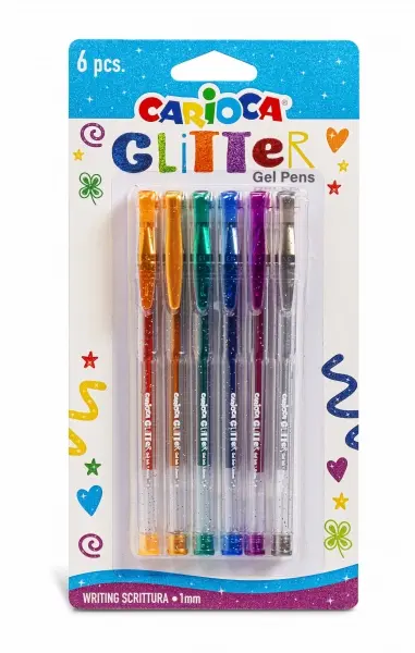 Carioca Glitter Gel Pack de 6 Boligrafos - Punta � 1mm - Tinta Gel Glitter - para Superficies Oscura