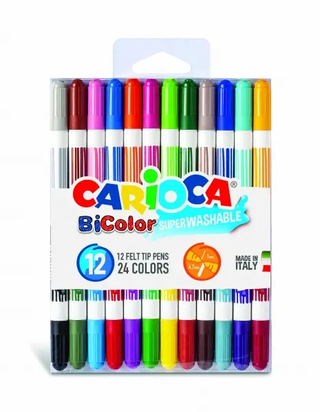 Carioca Bicolor Pack de 12 Rotuladores - Dos Colores por Rotulador - Tinta Superlavable - Punta Coni