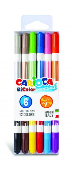 Carioca Bicolor Pack de 6 Rotuladores - Dos Colores por Rotulador - Tinta Superlavable - Punta Conic