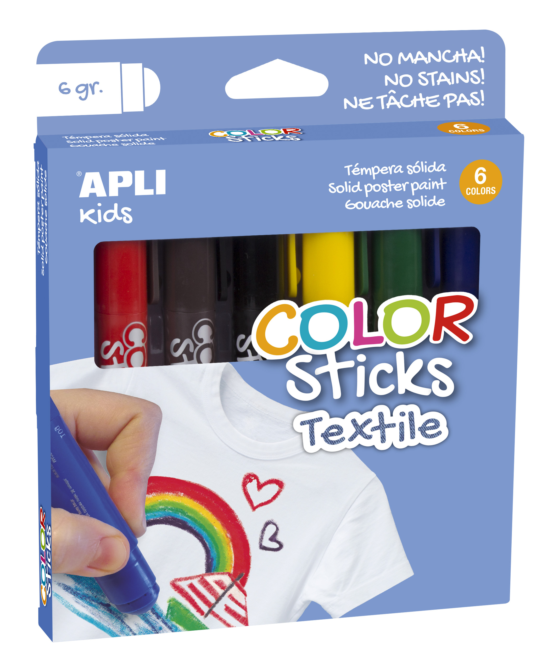 Apli Color Sticks Textil - Pack 6 Unidades de 6g - Colores Surtidos Resistentes Al Lavado - Secado A