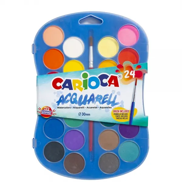 Carioca Acuarell Pack de 24 Acuarelas en Pastillas de � 30mm - Brillantes - Facilmente Mezclables - 