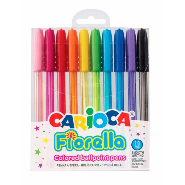 Carioca Fiorella Pack de 10 Boligrafos de Colores Tinta Gel - Punta de Bola 1mm - Cuerpo Transparent