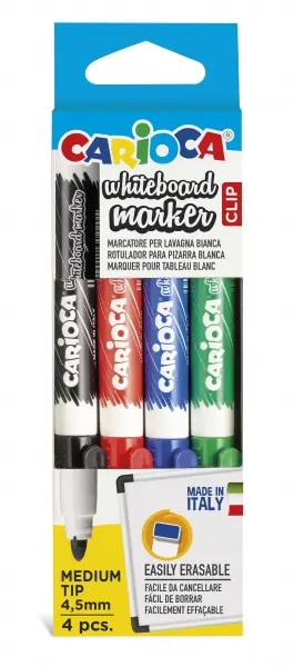 Carioca Whiteboard Clip Pack de 4 Rotuladores Borrables para Pizarras Blancas - Punta Media - Punta 