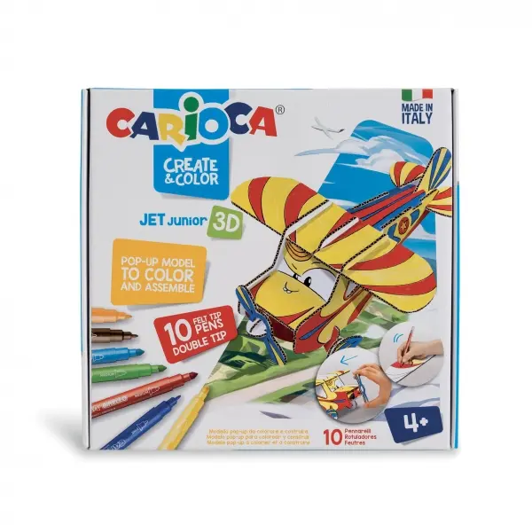 Carioca Pop-Up Jet Junior Modelos para Colorear y Construir + 10 Rotuladores Doble Punta Colores Sur