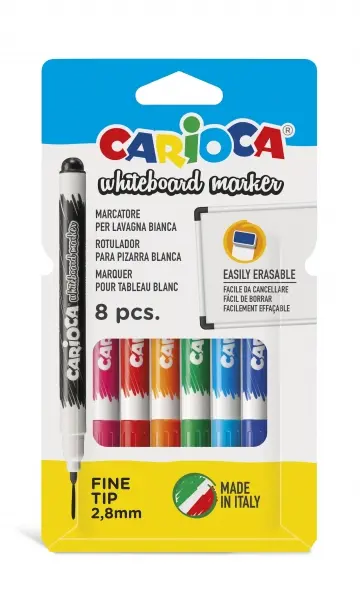 Carioca Pack de 8 Rotuladores para Pizarra Blanca - Punta Fina de � 2.8mm - Secado Rapido - Se Borra