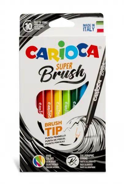 Carioca Super Brush Pack de 10 Rotuladores - Punta Pincel Suave y Flexible - Tinta Lavable - Colores