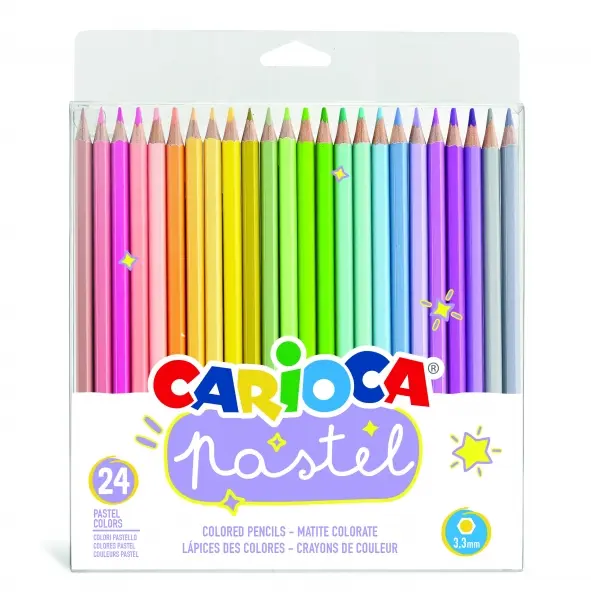 Carioca Pack de 24 Lapices de Madera - Colores Pastel - Cuerpo Hexagonal - Colores Brillantes y Lava