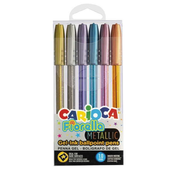 Carioca Fiorella Metallic Pack de 6 Boligrafos de Colores Tinta Gel - Punta de Bola 1mm - Cuerpo Tra