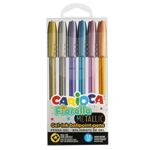 Carioca Fiorella Metallic Pack de 6 Boligrafos de Colores Tinta Gel - Punta de Bola 1mm - Cuerpo Tra