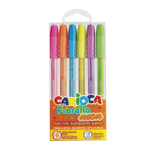 Carioca Fiorella Neon Pack de 6 Boligrafos de Colores Tinta Gel - Punta de Bola 1mm - Cuerpo Transpa