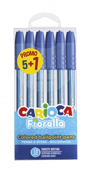 Carioca Fiorella Pack 5+1 Boligrafos Punta de Bola � 1mm - Cuerpo Transparente - Escritura Brillante