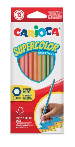 Carioca Supercolor Pack de 12 Lapices de Colores - Cuerpo de Madera Hexagonal - Colores Intensos y G