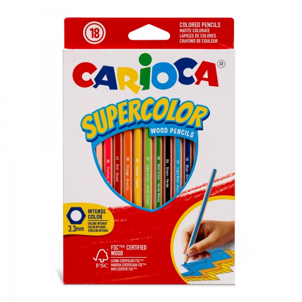 Carioca Supercolor Pack de 18 Lapices de Colores - Cuerpo de Madera Hexagonal - Colores Intensos y G