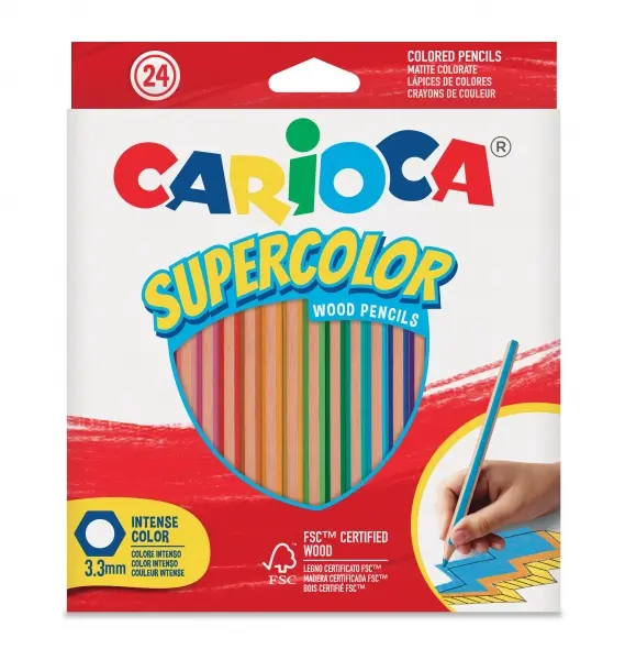 Carioca Supercolor Pack de 24 Lapices de Colores - Cuerpo de Madera Hexagonal - Colores Intensos y G