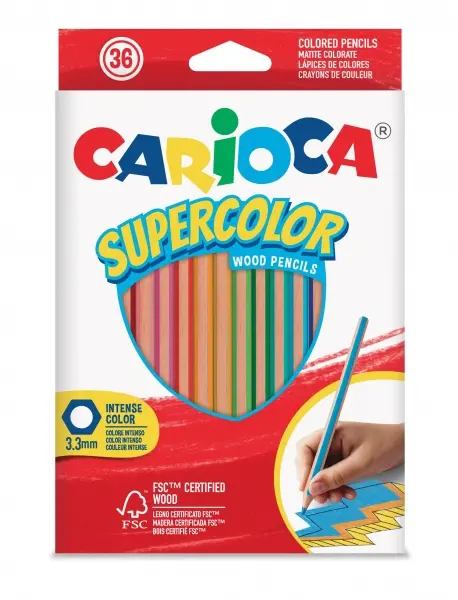 Carioca Supercolor Pack de 36 Lapices de Colores - Cuerpo de Madera Hexagonal - Colores Intensos y G