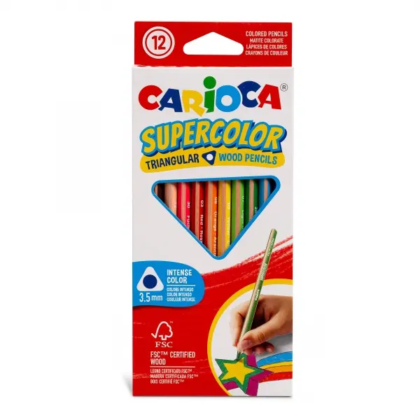 Carioca Supercolor Pack de 12 Lapices de Colores - Cuerpo de Madera Triangular - Colores Intensos y 