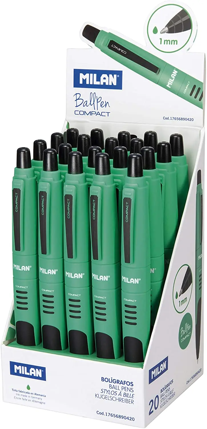 Milan Compact Expositor de 20 Boligrafos de Bola Retractiles - Punta Redonda 1mm - Cuerpo Verde/Negr