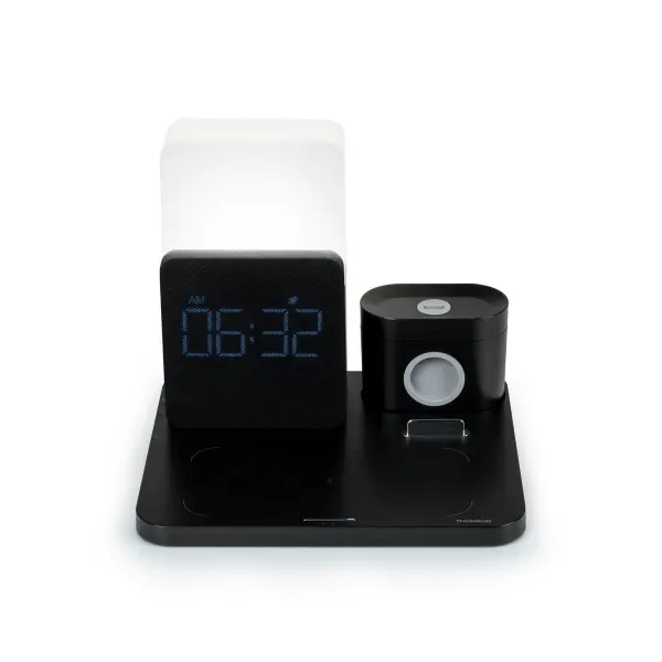 Thomson Reloj Despertador con Estacion de Carga Inalambrica para Smartphone, Smartwatch - Carga USB-