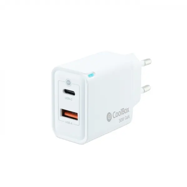 Coolbox Cargador de Pared 30W QC3.0 + PD - USB-A + USB-C - Carga Rapida - Tecnolog�a GaN - Color Bla