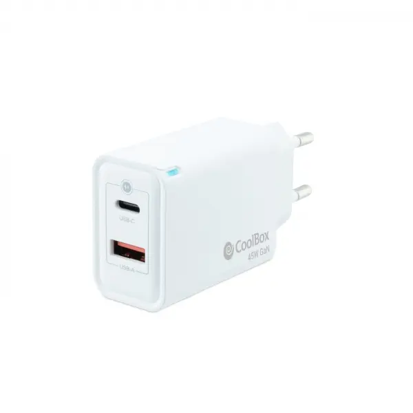 Coolbox Cargador de Pared 45W QC3.0 + PD - USB-A + USB-C - Carga Rapida - Tecnolog�a GaN - Color Bla