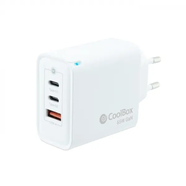 Coolbox Cargador de Pared 65W QC3.0 + PD - USB-A + 2xUSB-C - Carga Rapida - Tecnolog�a GaN - Color B