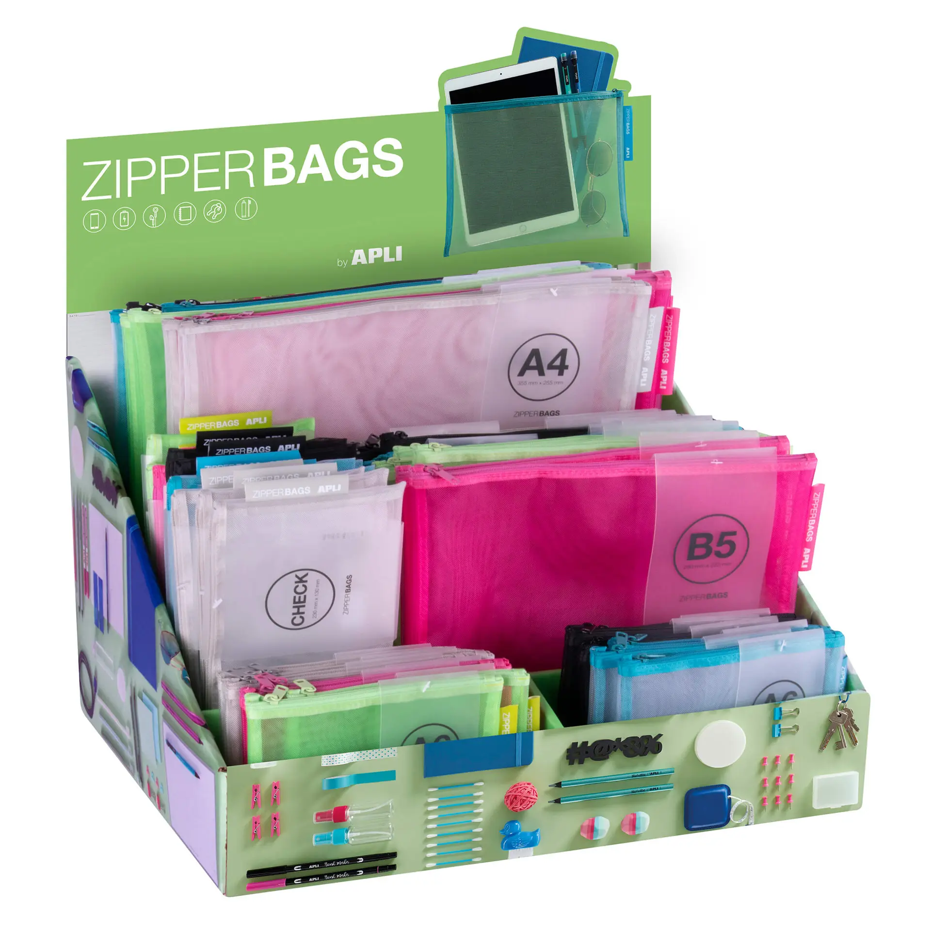 Apli Expositor Zipper Bags de Nylon - Tamaos y Colores Surtidos - Alta Calidad y Durabilidad - Idea