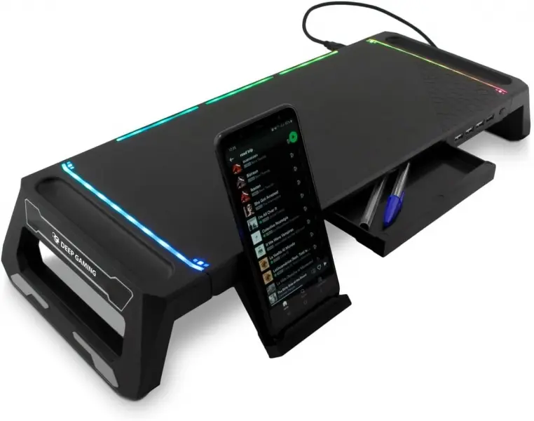 DeepGaming SN06 Soporte para Monitor - Ajustable 2 Alturas - Iluminacion RGB - 3 Puertos USB 2.0 + 1