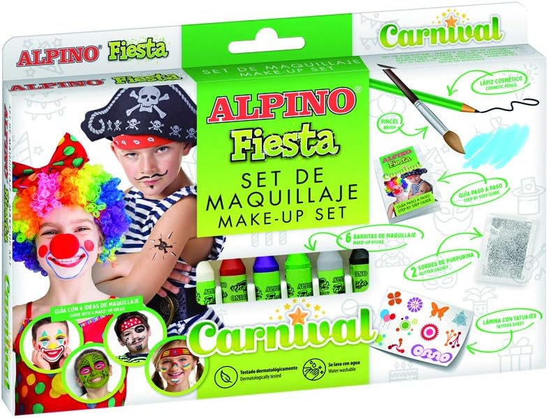Alpino Fiesta Carnival Pack de Maquillaje con 6 Barritas de Pintura Facial + Pincel + Tatuajes en Ca