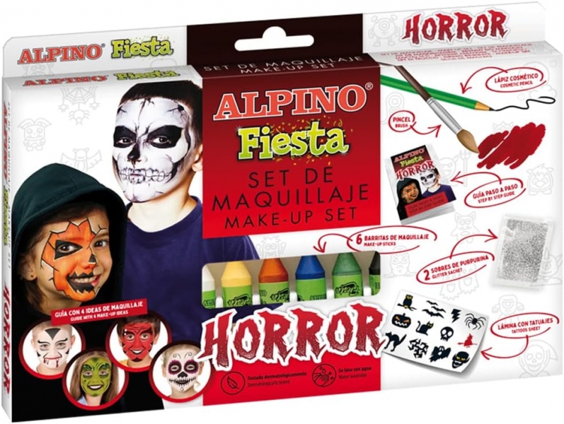 Alpino Fiesta Horror Pack de Maquillaje con 6 Barritas de Pintura Facial + Pincel + Tatuajes en Calc