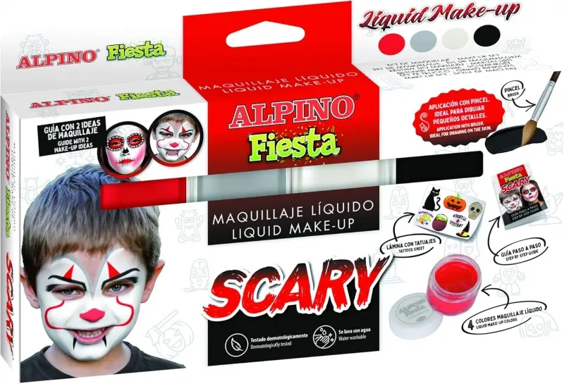 Alpino Fiesta Scary Pack de 4 Botes de Maquillaje Liquido de Diferentes Colores + Pincel + Guia de I