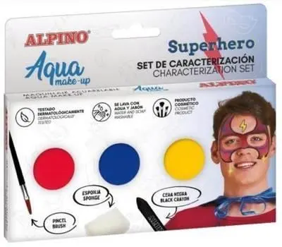Alpino Aqua Make Up Set de Caracterizacion de Superheroes - 3 Polveras + Cera Negra + Pincel + Espon