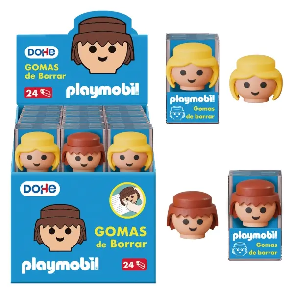 Dohe Playmobil Expositor de 24 Gomas de Borrar - Fabricadas en PVC - Con Forma de los Mu�ecos Playmo