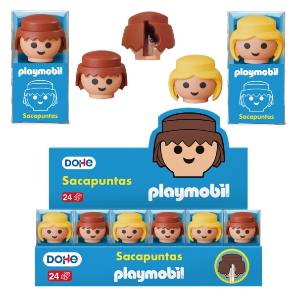 Dohe Playmobil Expositor de 24 Sacapuntas - 1 Orificio y Cuchilla de Acero - Con Forma de los Mu�eco