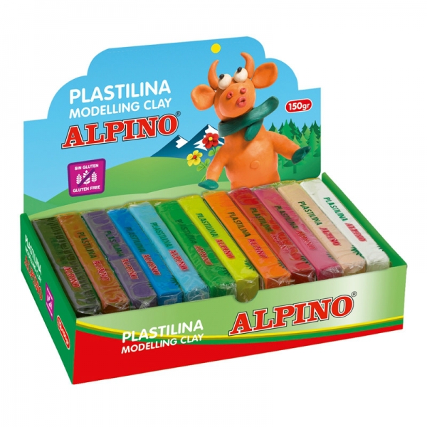 Alpino Expositor de 12 Pastillas de Plastilina 150gr - Muy Flexible - Pueden Mezclarse - Sin Gluten 
