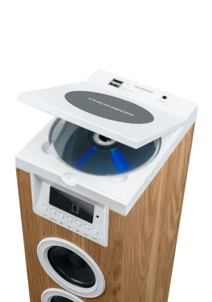 Thomson DS121CD Torre de Sonido Bluetooth 30W, Radio FM, USB, Reloj Digital, Dise�o Madera/Blanco