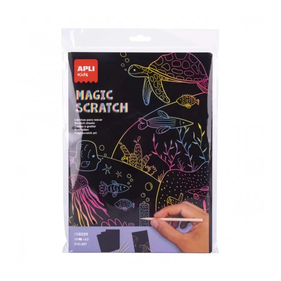 Apli Magic Scratch Laminas para Rascar - Tamao A4 - 10 Hojas, 5 Herramientas - Distintos Colores de