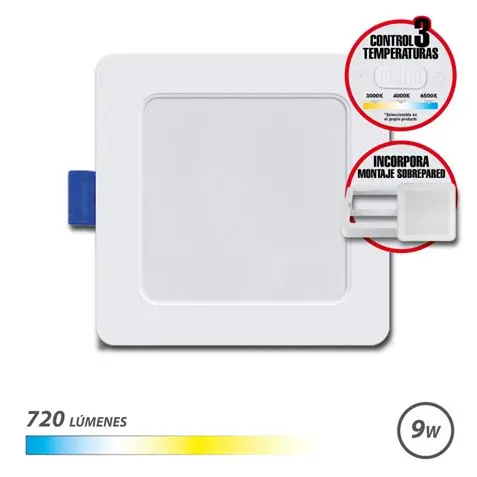 Elbat Downlight Cuadrado 9W - 720Lm - Selector 3 Temperaturas + Sobrepared - Color Blanco