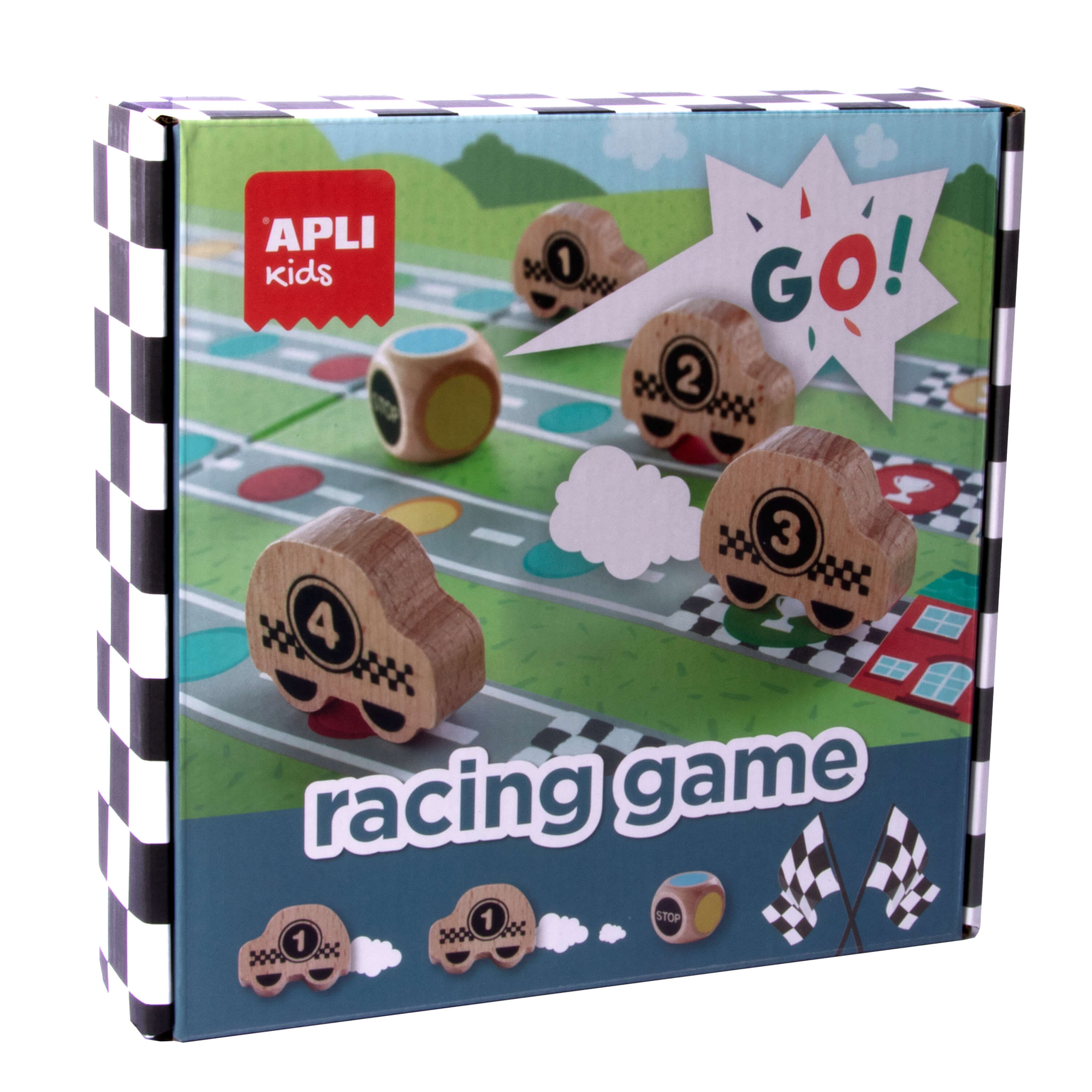 Apli Racing Game Juego de Mesa - Tablero Despegable - 4 Piezas de Madera con Forma de Coche - Dado d