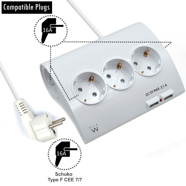 Ewent Regleta de Energia - 5 enchufes - Version Schuko - 16A -  2 Puertos USB - Cable de 1.5m - Colo