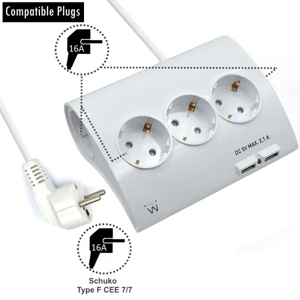 Ewent Regleta de Energia - 5 enchufes - Version Schuko - 16A -  2 Puertos USB - Cable de 1.5m - Colo