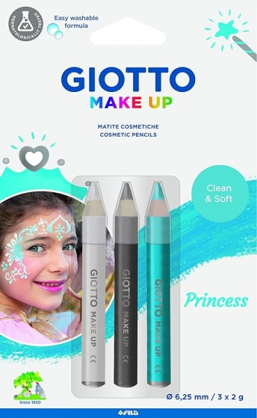 Giotto Make Up Princess Pack con 3 Lapices Cosmeticos de Tematica Princesa - Se Lava con Agua - Derm