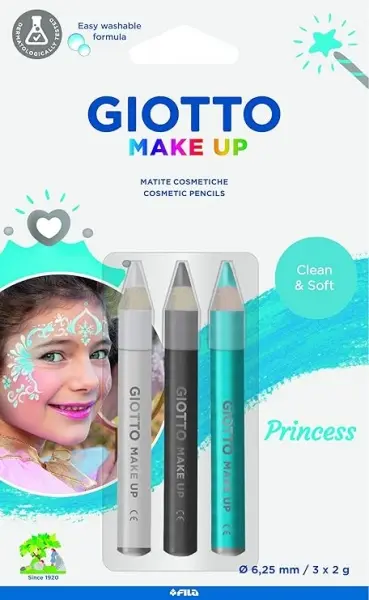 Giotto Make Up Princess Pack con 3 Lapices Cosmeticos de Tematica Princesa - Se Lava con Agua - Derm
