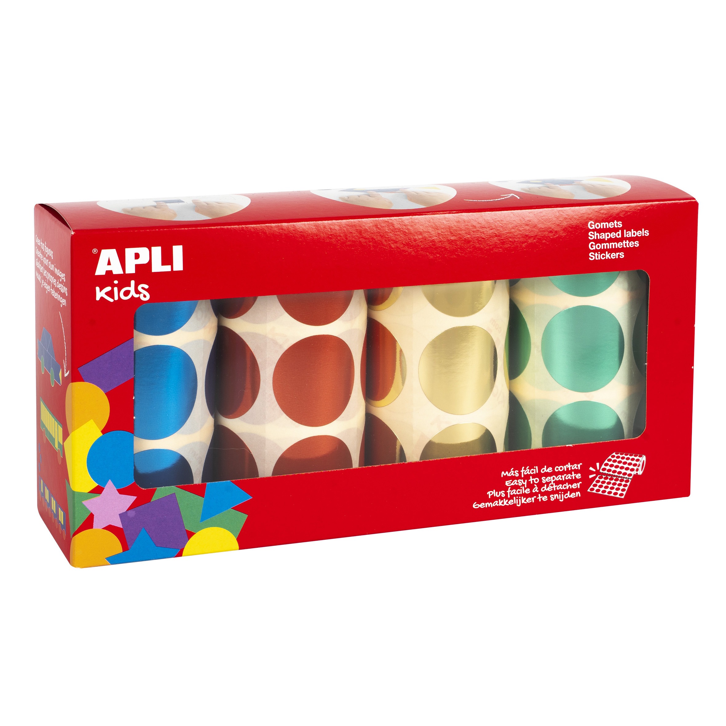 Apli Gomets Redondos Metalizados � 33mm - Pack de 4 Rollos (Amarillo, Azul, Rojo y Verde) - 2256 Gom