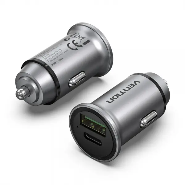 Vention Cargador de Coche 20W 2xUSB (A+C) QC4.0 3.4A - Dise�o Mini - Aluminio Gris