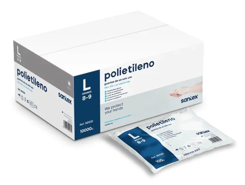 Santex Polietileno Pack de 100 Guantes de Polietileno Talla L - Sin Polvo - Libre de Latex - No Este