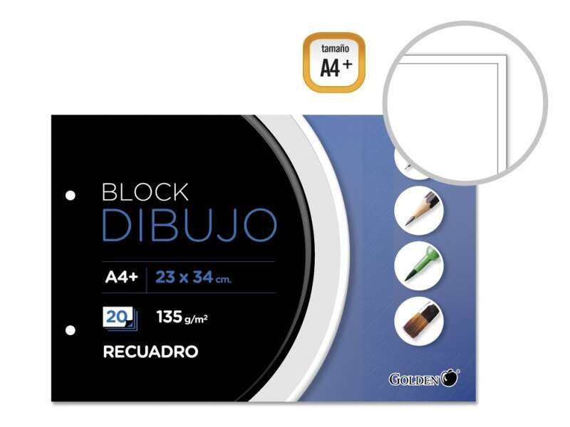 Golden Bloc de Dibujo A4+ 20 Hojas con Recuadro Interior - Papel de 135gr - Encolado con 2 Taladros
