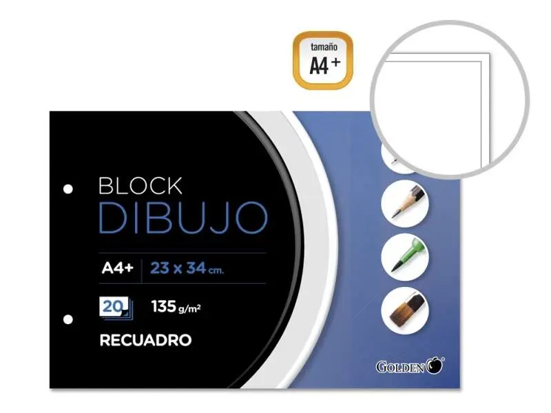 Golden Bloc de Dibujo A4+ 20 Hojas con Recuadro Interior - Papel de 135gr - Encolado con 2 Taladros