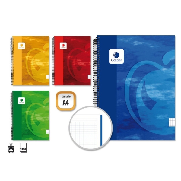 Golden Cuaderno Espiral A4 160 Hojas 60grs Cuadricula 5x5 - Hojas Microperforadas - Tapa Dura Plasti