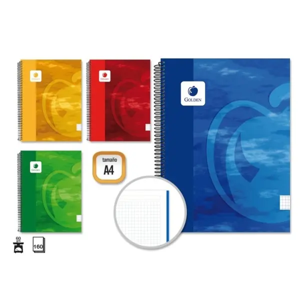 Golden Cuaderno Espiral A4 160 Hojas 60grs Cuadricula 5x5 - Hojas Microperforadas - Tapa Dura Plasti