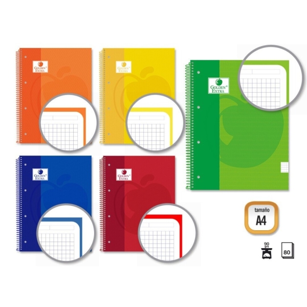 Golden Extra Cuaderno Espiral A4 80 Hojas 90grs Cuadricula 5x5 - Hojas Microperforadas con Banda de 